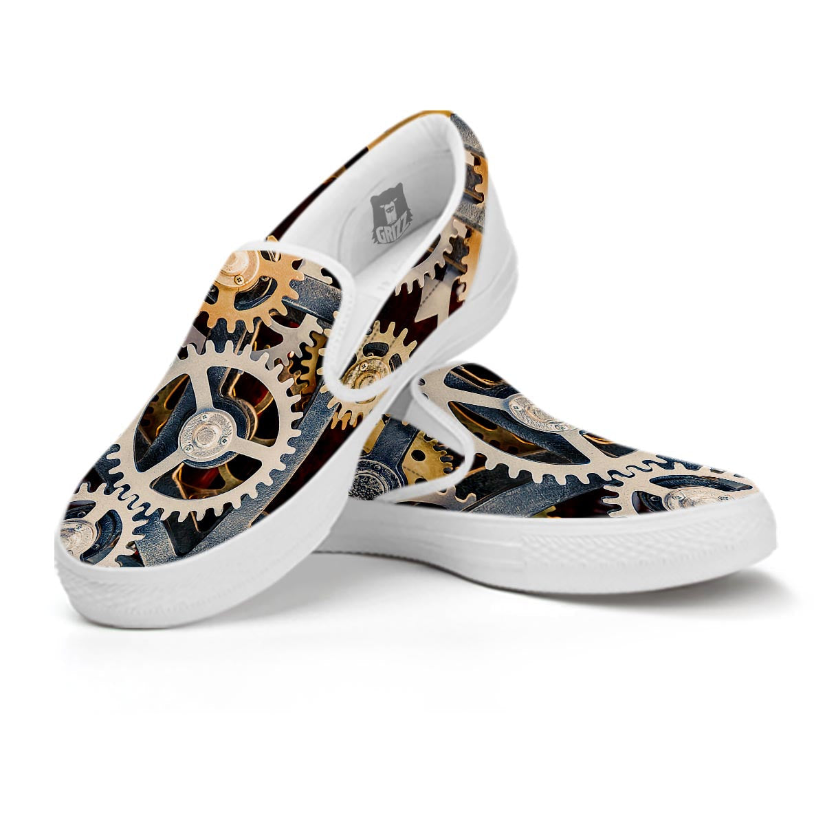 Cogs And Steampunk Gears Print White Slip On Shoes-grizzshop
