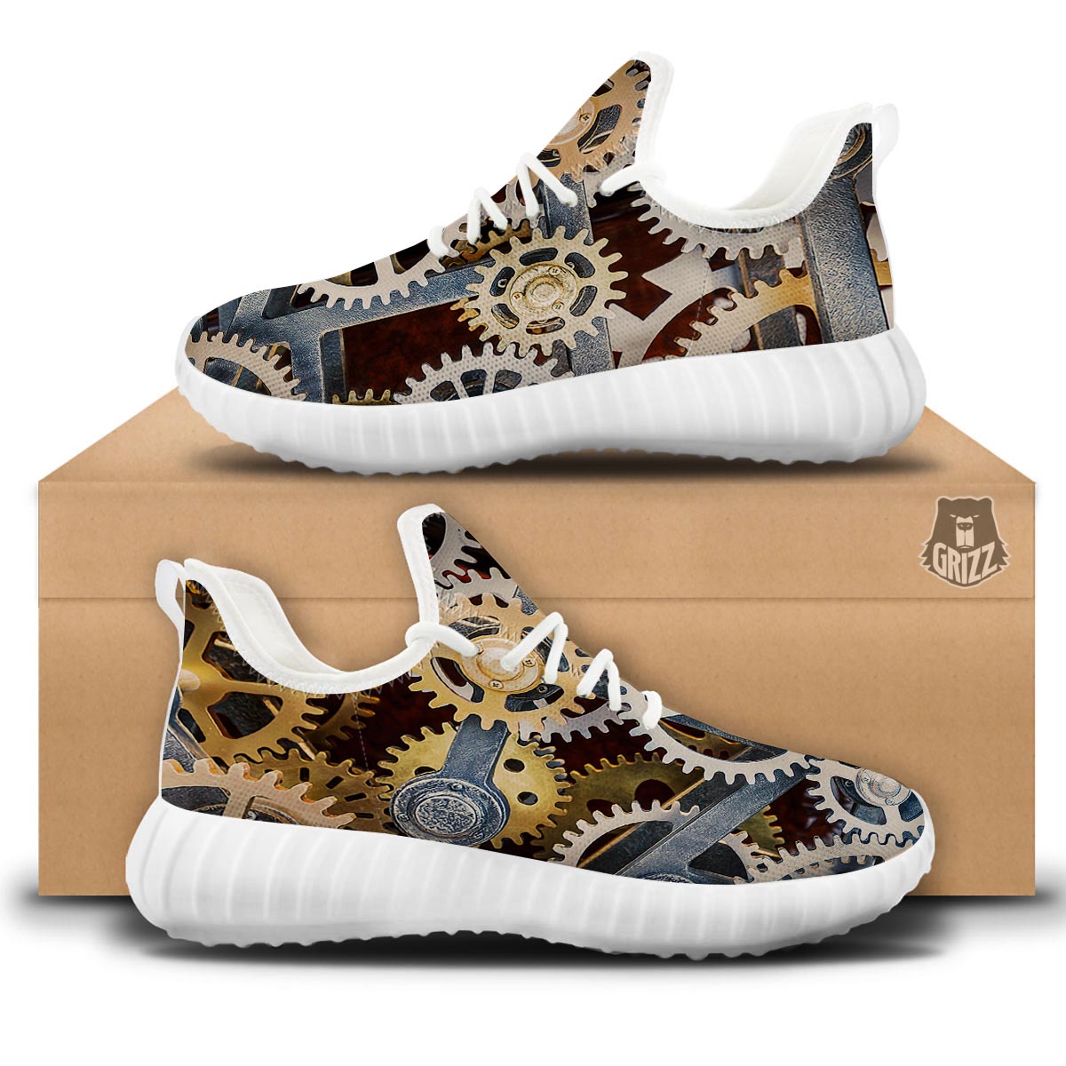 Cogs And Steampunk Gears Print White Walking Shoes-grizzshop