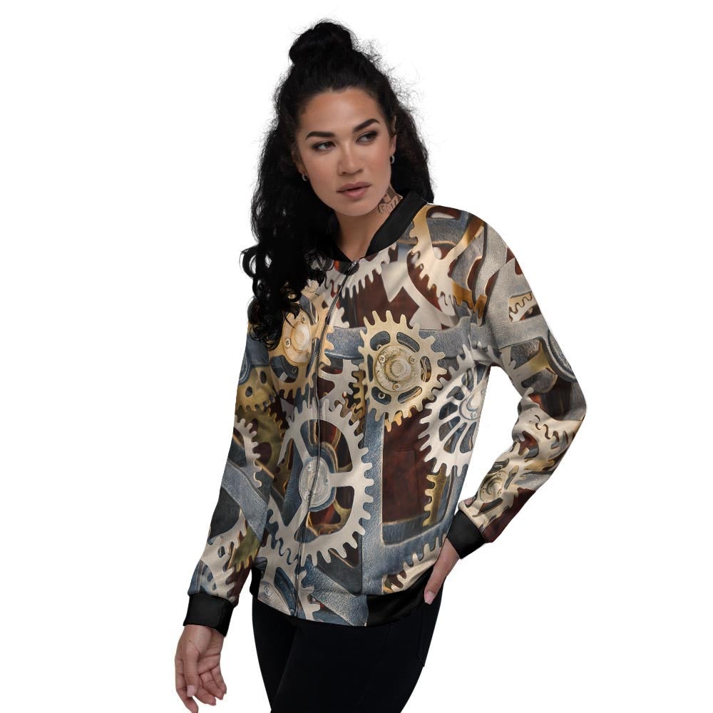 Cogs And Steampunk Gears Print Women's Bomber Jacket-grizzshop