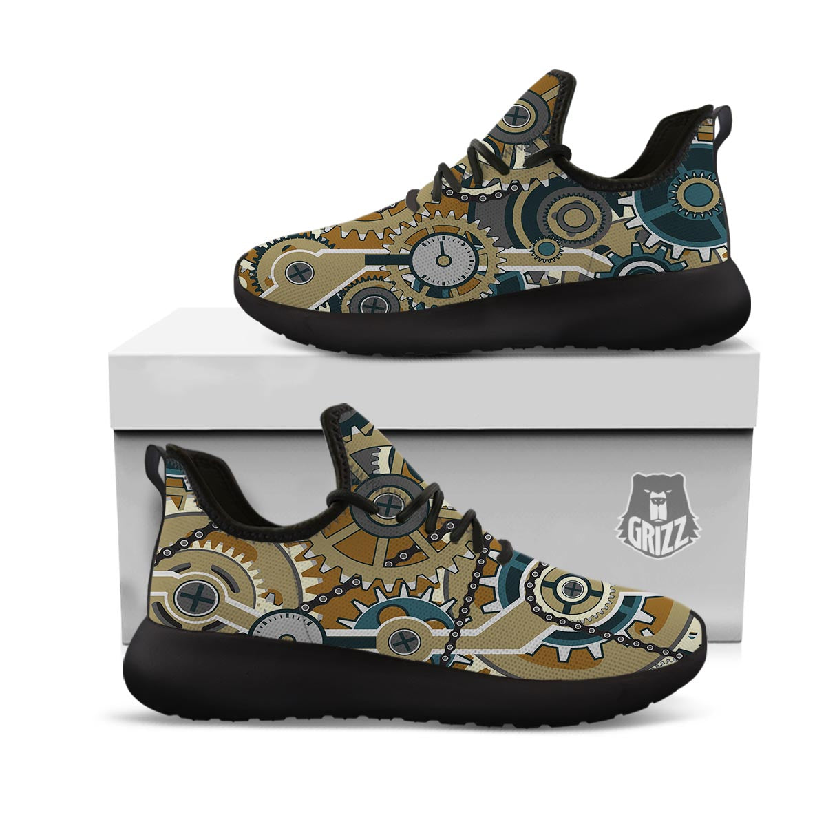Cogwheels Steampunk Print Black Athletic Shoes-grizzshop
