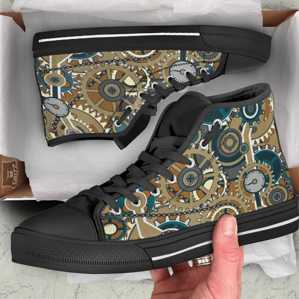 Cogwheels Steampunk Print Black High Top Shoes-grizzshop