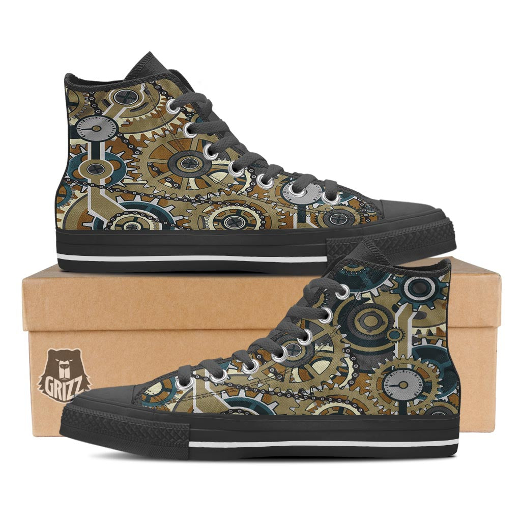 Cogwheels Steampunk Print Black High Top Shoes-grizzshop