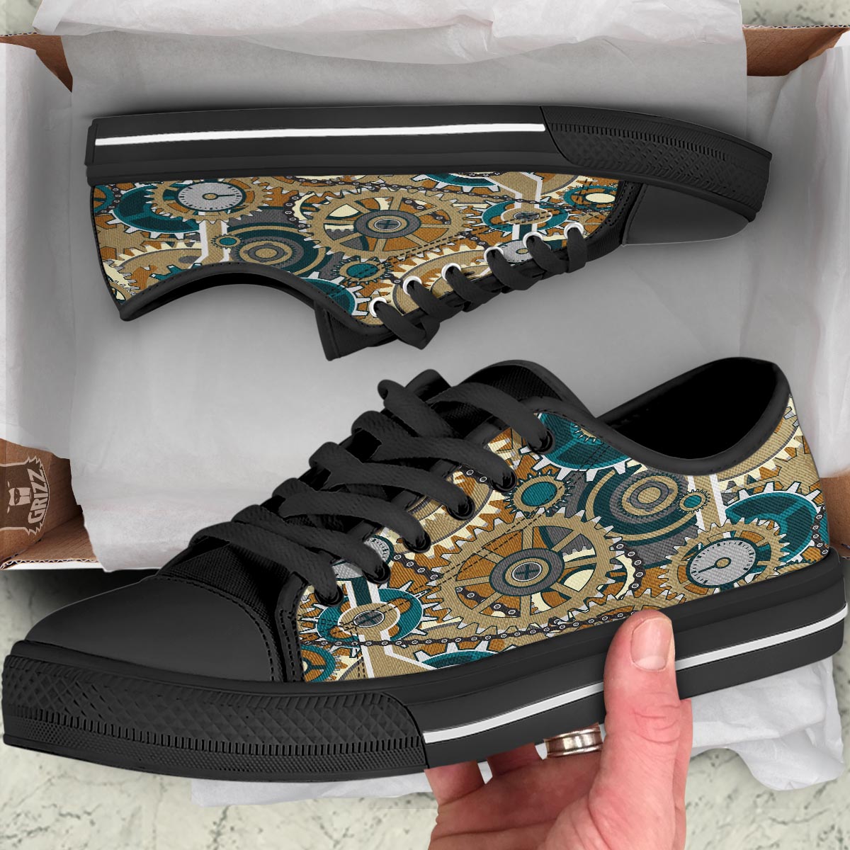 Cogwheels Steampunk Print Black Low Top Shoes-grizzshop