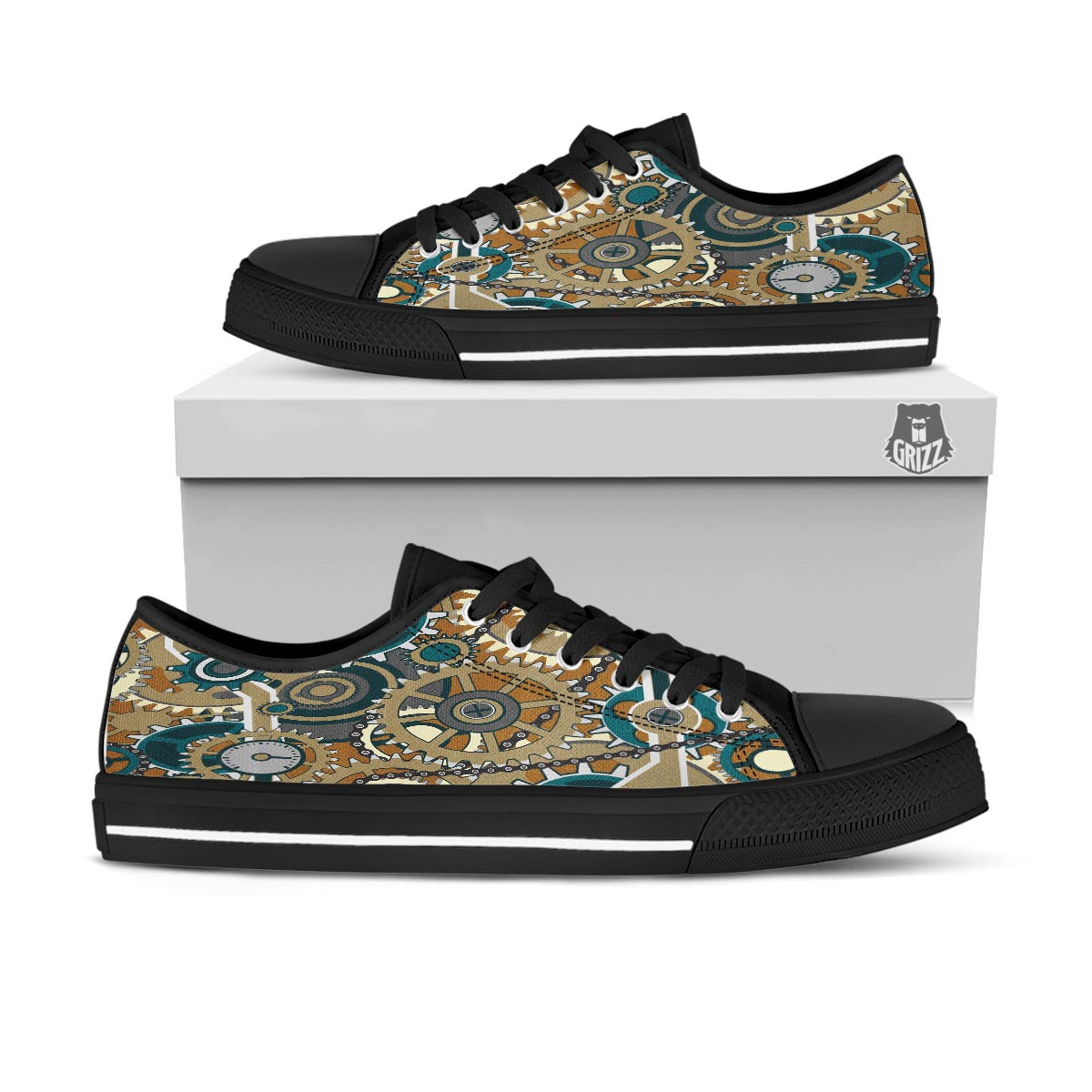 Cogwheels Steampunk Print Black Low Top Shoes-grizzshop