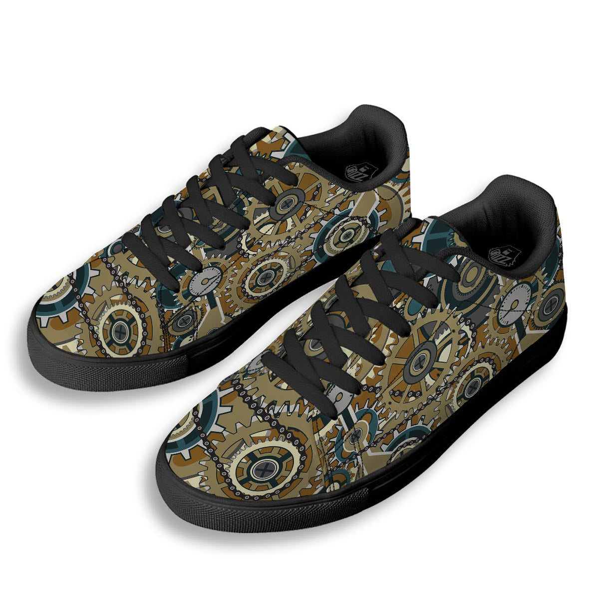 Cogwheels Steampunk Print Black Low Top Sneakers-grizzshop