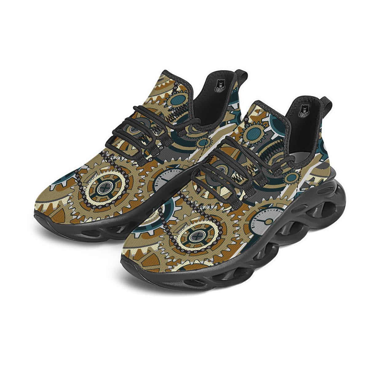 Cogwheels Steampunk Print Black Running Shoes-grizzshop