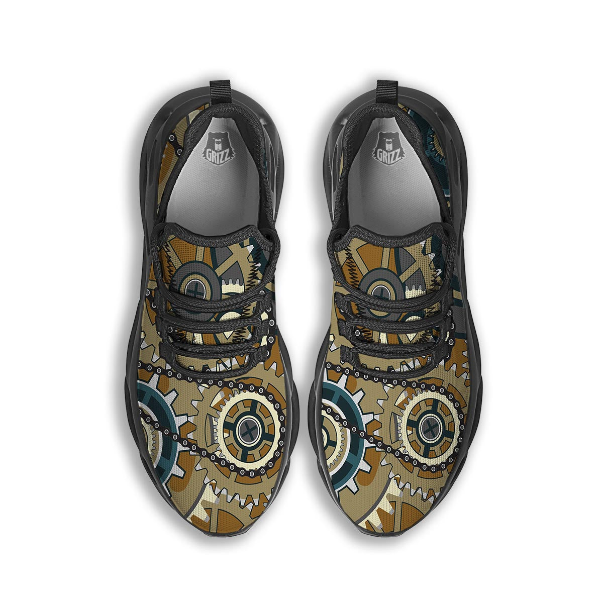 Cogwheels Steampunk Print Black Running Shoes-grizzshop