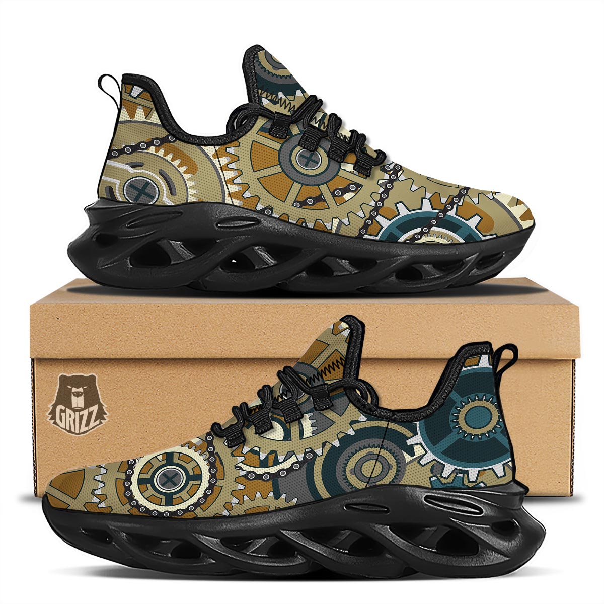 Cogwheels Steampunk Print Black Running Shoes-grizzshop