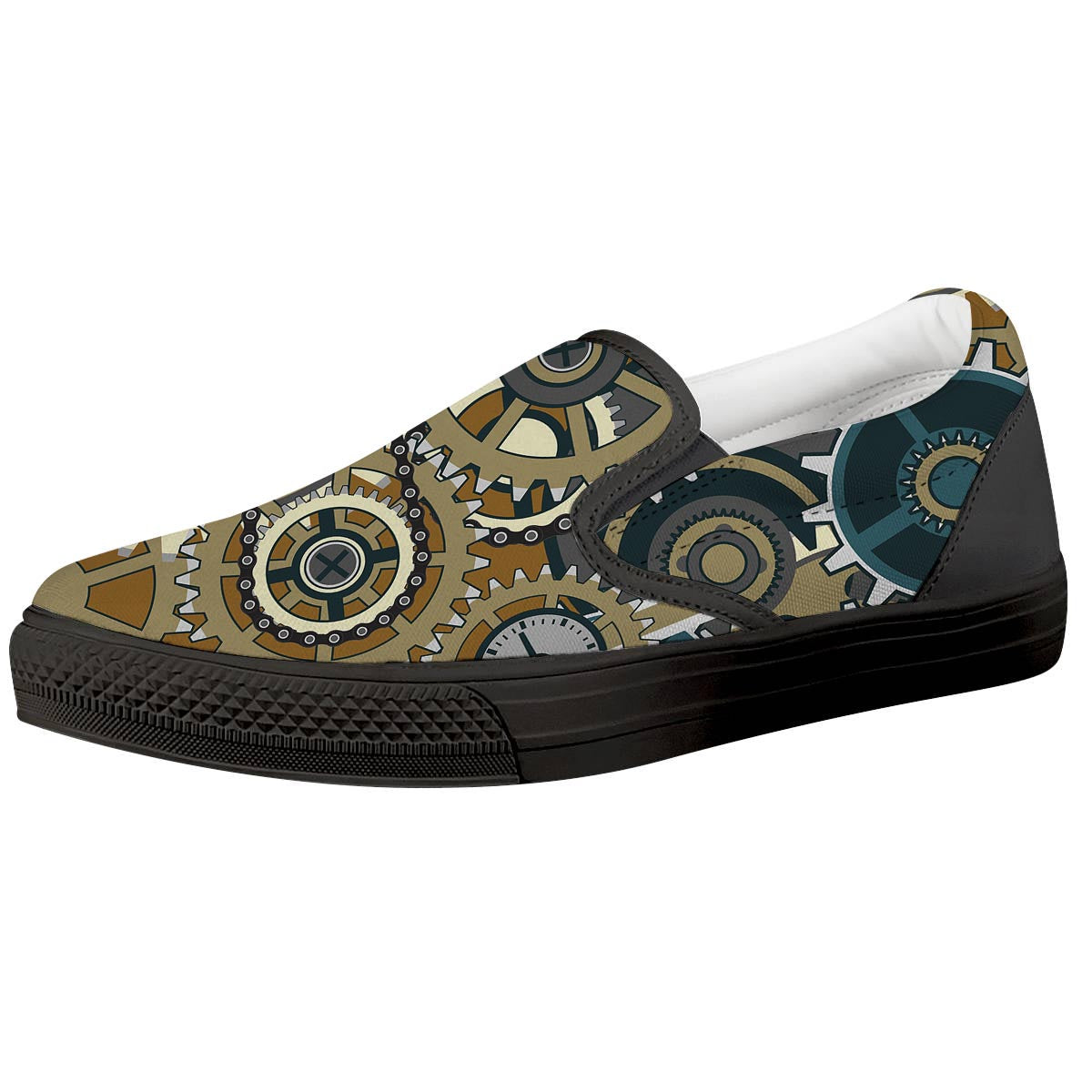 Cogwheels Steampunk Print Black Slip On Shoes-grizzshop