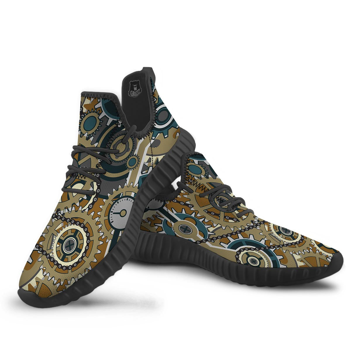 Cogwheels Steampunk Print Black Walking Shoes-grizzshop
