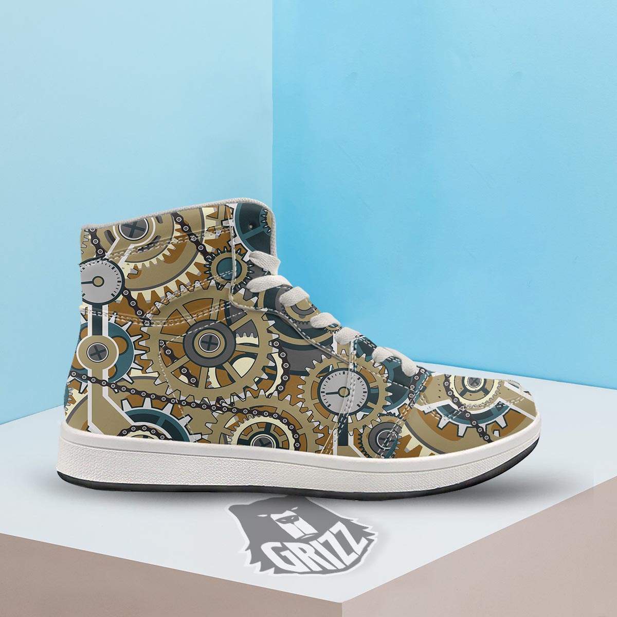 Cogwheels Steampunk Print High Top Sneakers-grizzshop