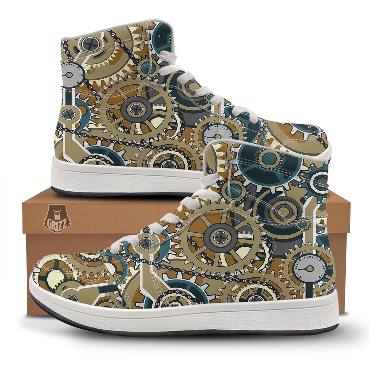 Cogwheels Steampunk Print High Top Sneakers-grizzshop