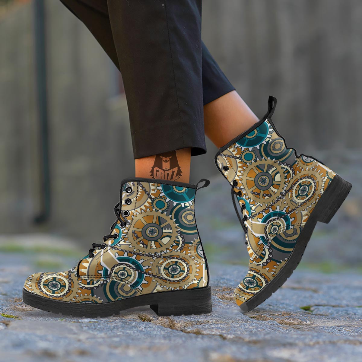 Cogwheels Steampunk Print Leather Boots-grizzshop