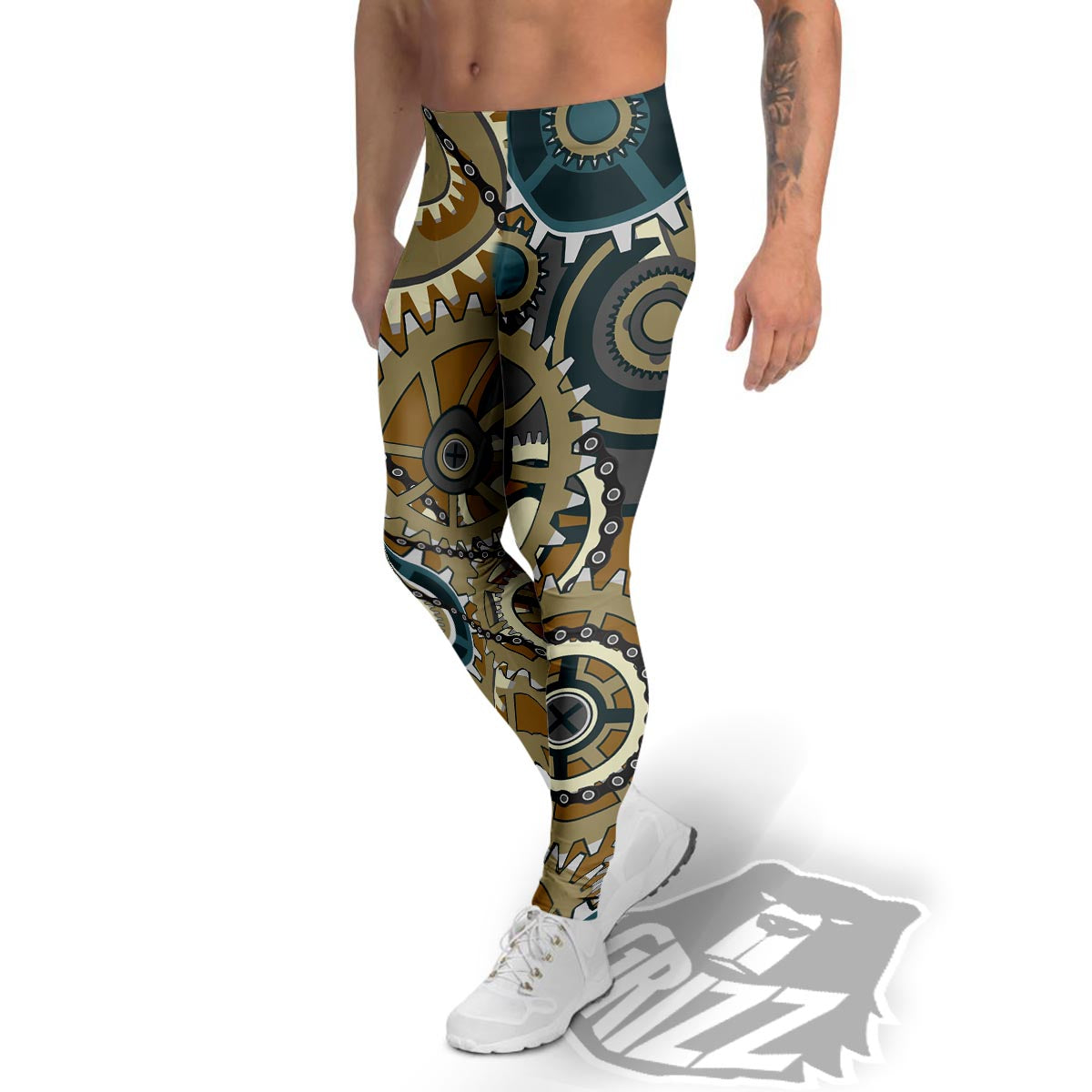 Cogwheels Steampunk Print Men's Leggings-grizzshop