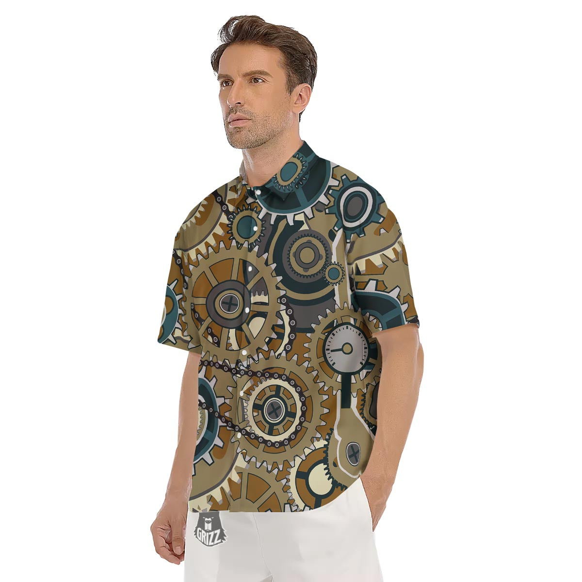 Cogwheels Steampunk Print Men's Short Sleeve Shirts-grizzshop