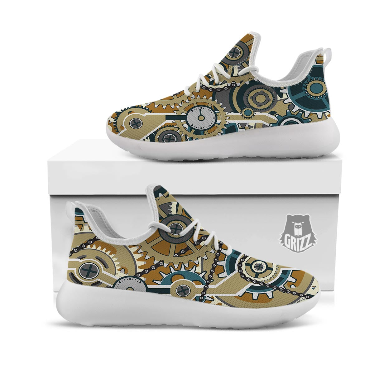 Cogwheels Steampunk Print White Athletic Shoes-grizzshop