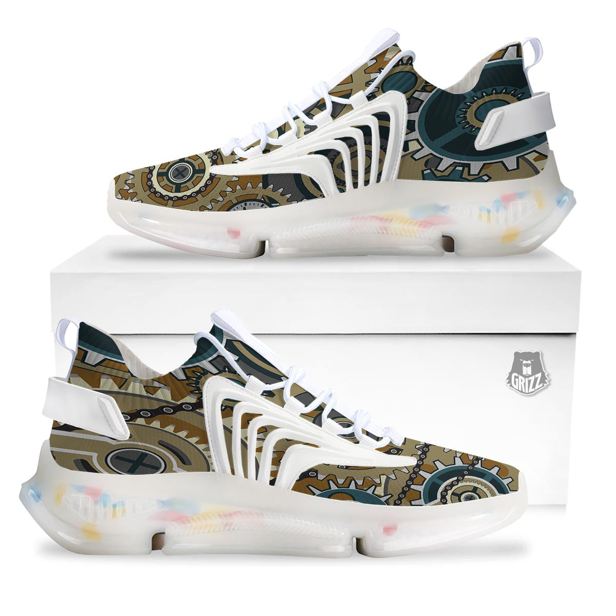 Cogwheels Steampunk Print White Gym Shoes-grizzshop