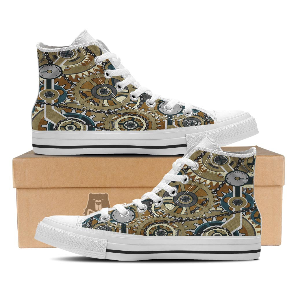 Cogwheels Steampunk Print White High Top Shoes-grizzshop