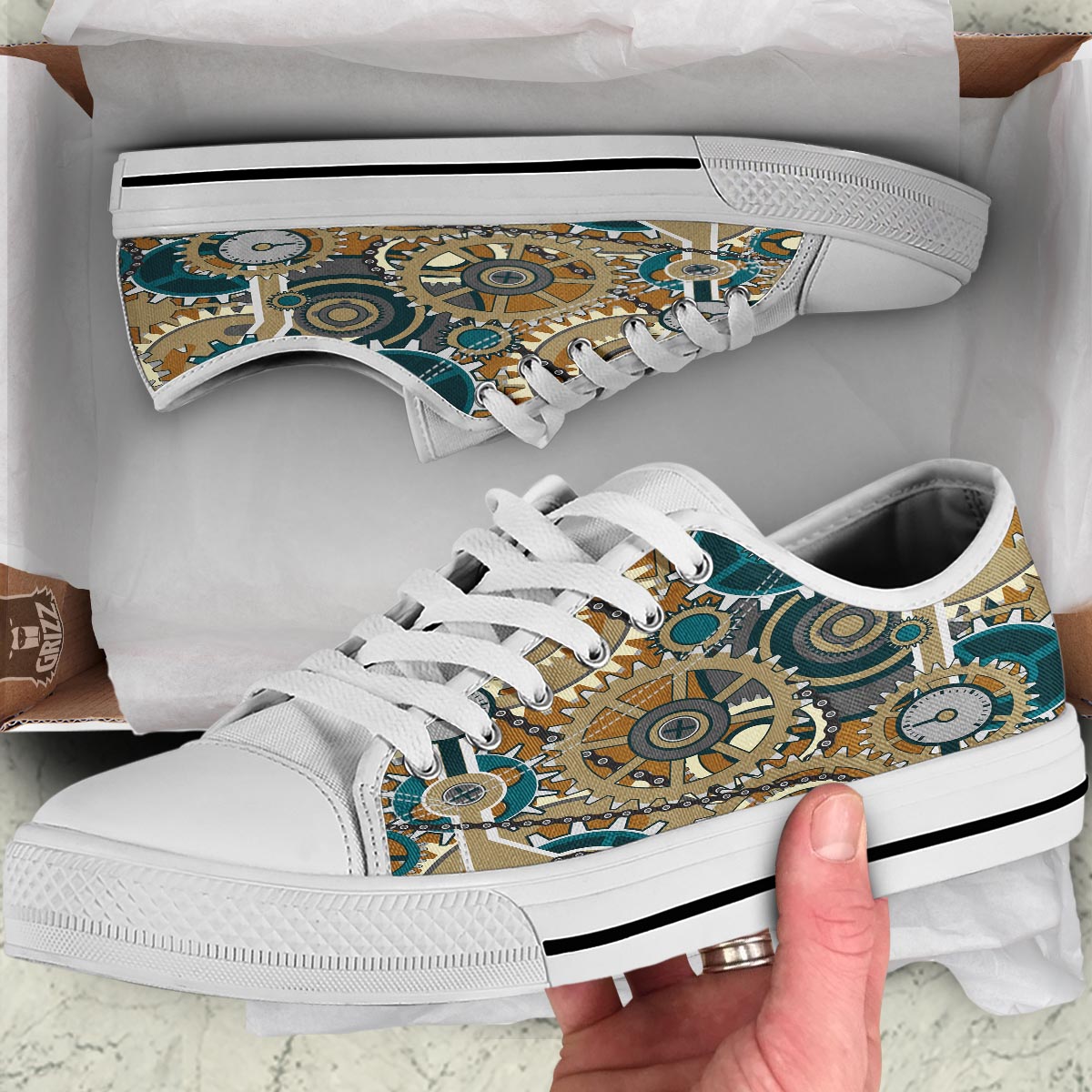 Cogwheels Steampunk Print White Low Top Shoes-grizzshop
