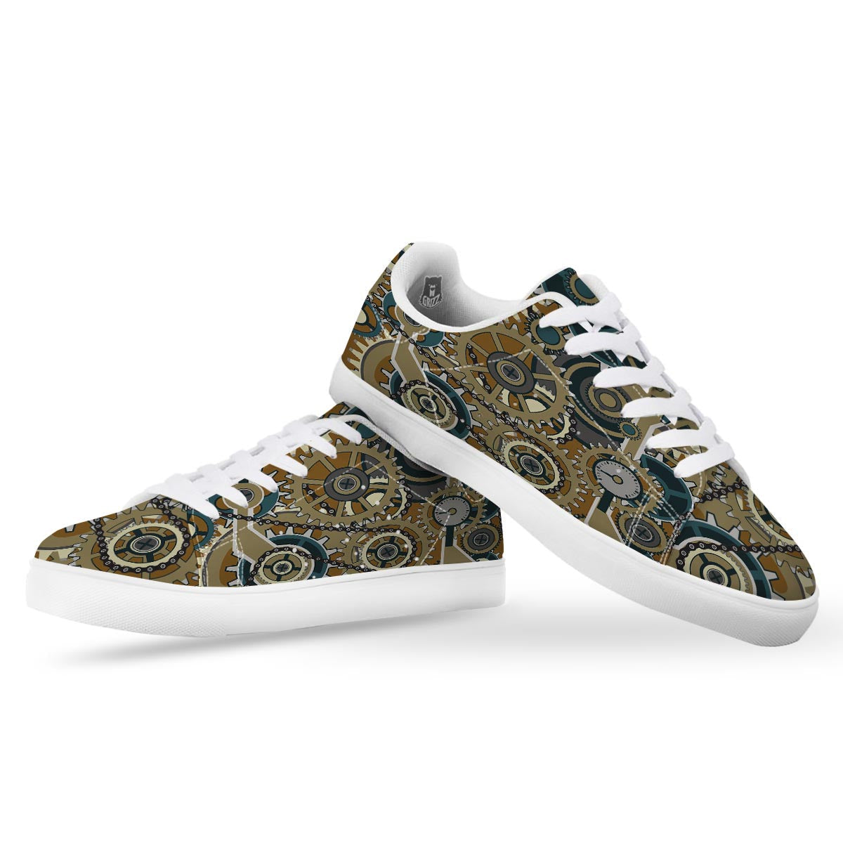 Cogwheels Steampunk Print White Low Top Sneakers-grizzshop