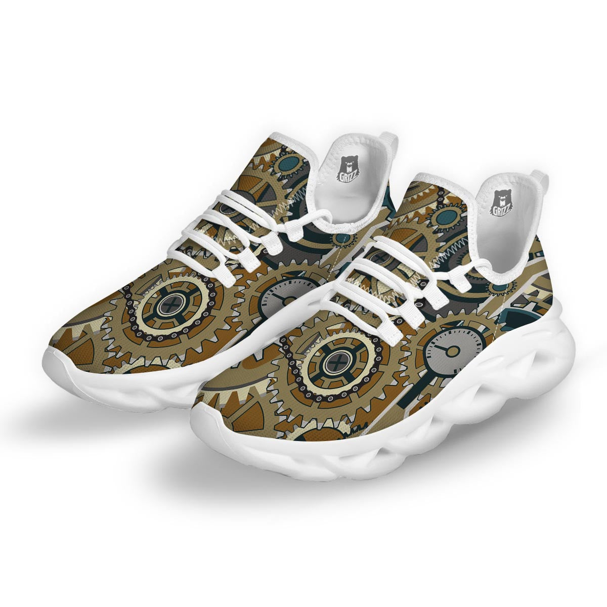 Cogwheels Steampunk Print White Running Shoes-grizzshop