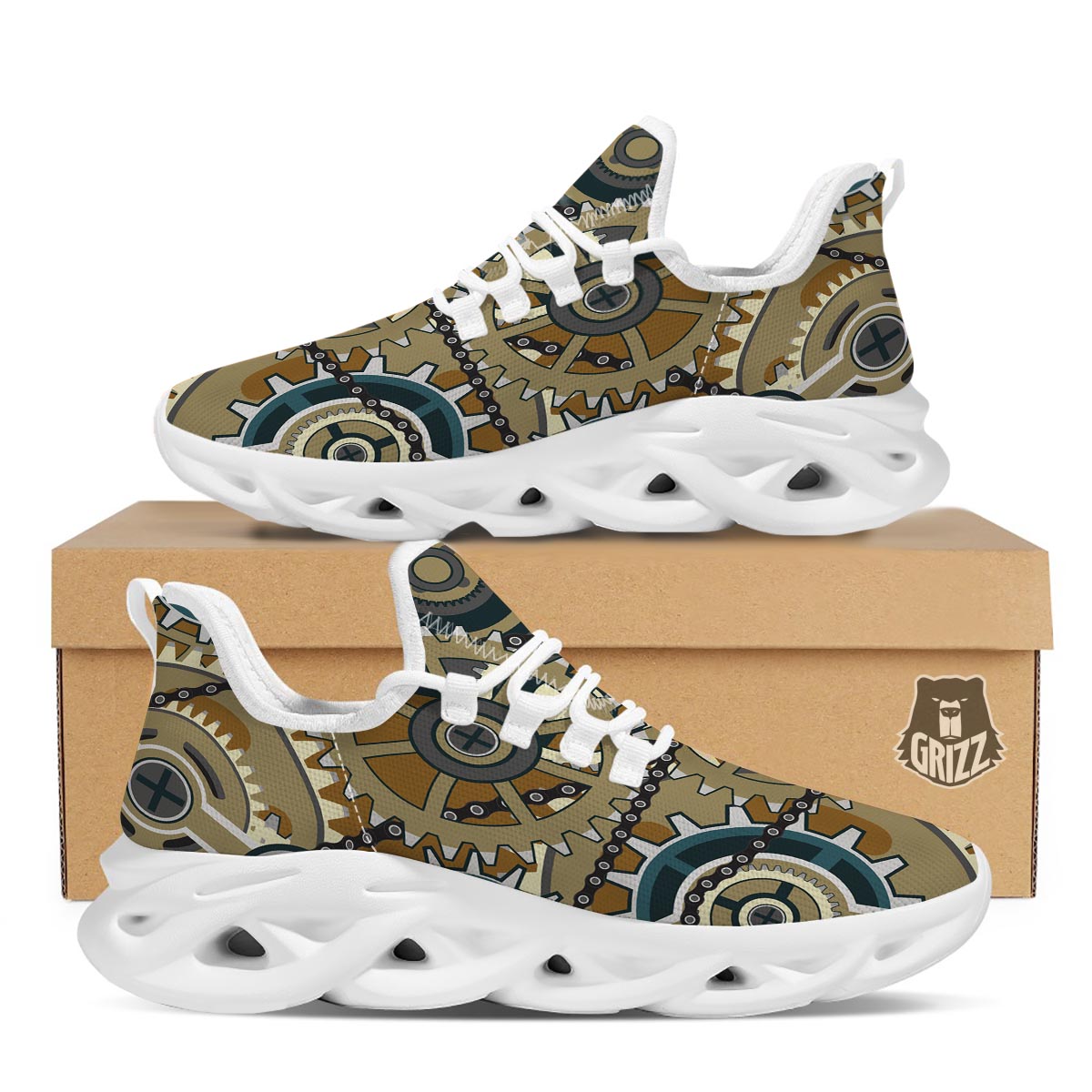Cogwheels Steampunk Print White Running Shoes-grizzshop