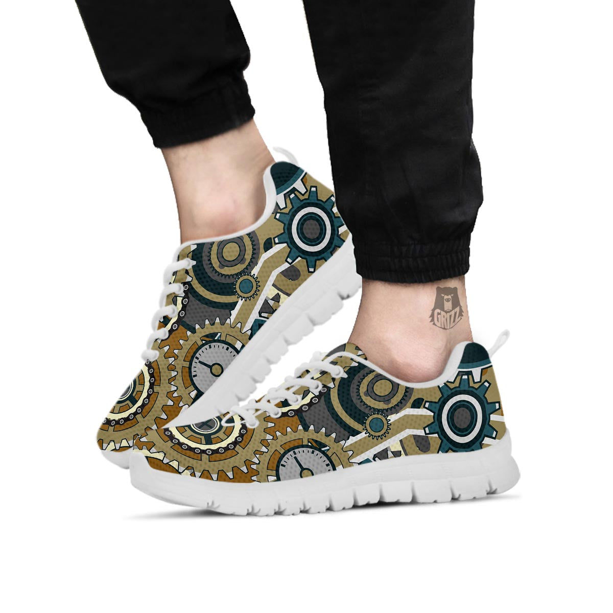 Cogwheels Steampunk Print White Sneaker-grizzshop