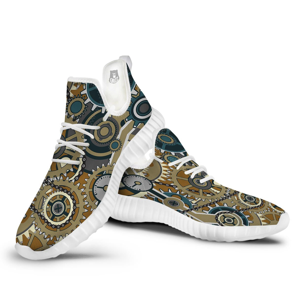 Cogwheels Steampunk Print White Walking Shoes-grizzshop