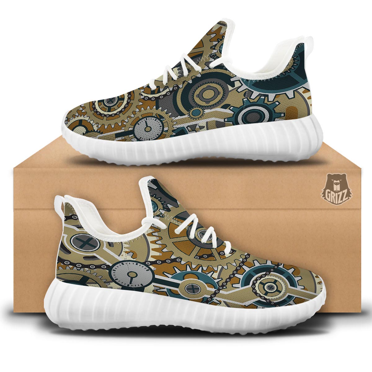 Cogwheels Steampunk Print White Walking Shoes-grizzshop