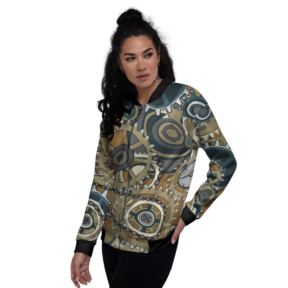 Cogwheels Steampunk Print Women's Bomber Jacket-grizzshop