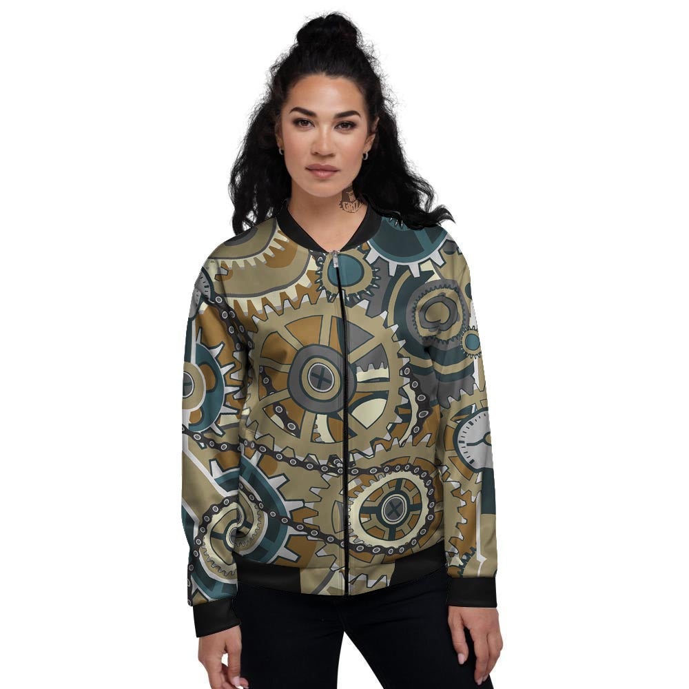 Cogwheels Steampunk Print Women's Bomber Jacket-grizzshop