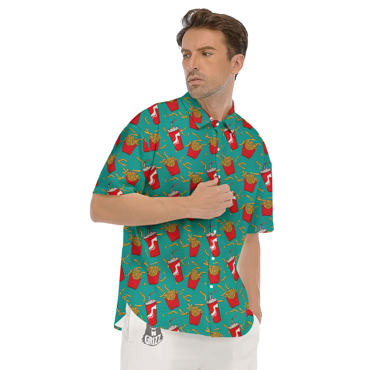 Cola And French Fries Print Pattern Men's Short Sleeve Shirts-grizzshop