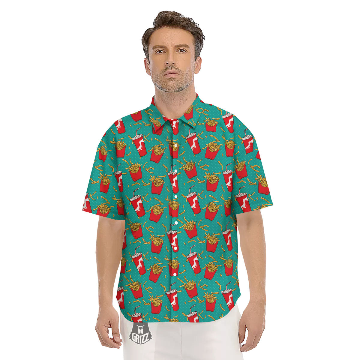 Cola And French Fries Print Pattern Men's Short Sleeve Shirts-grizzshop