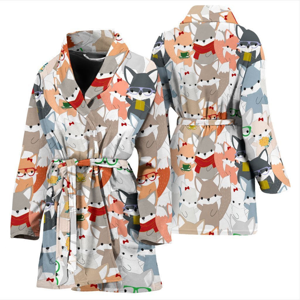 Coloful Fox Pattern Print Women Long Robe-grizzshop