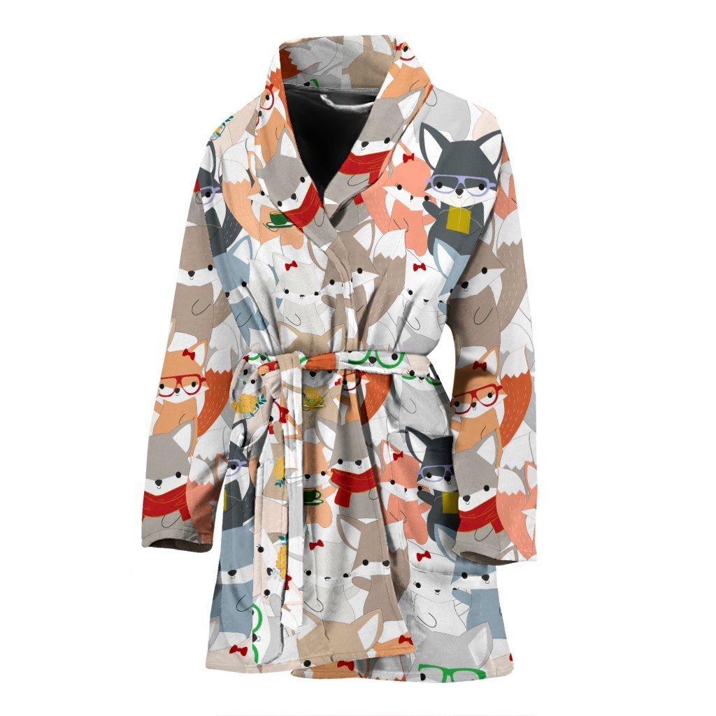Coloful Fox Pattern Print Women Long Robe-grizzshop