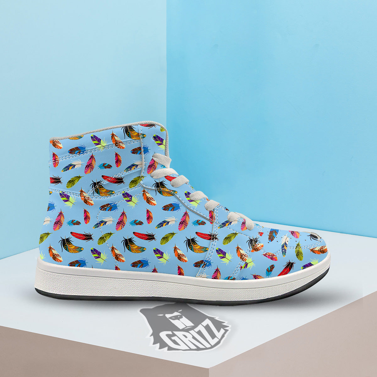 Colored Feathers Print Pattern High Top Sneakers-grizzshop