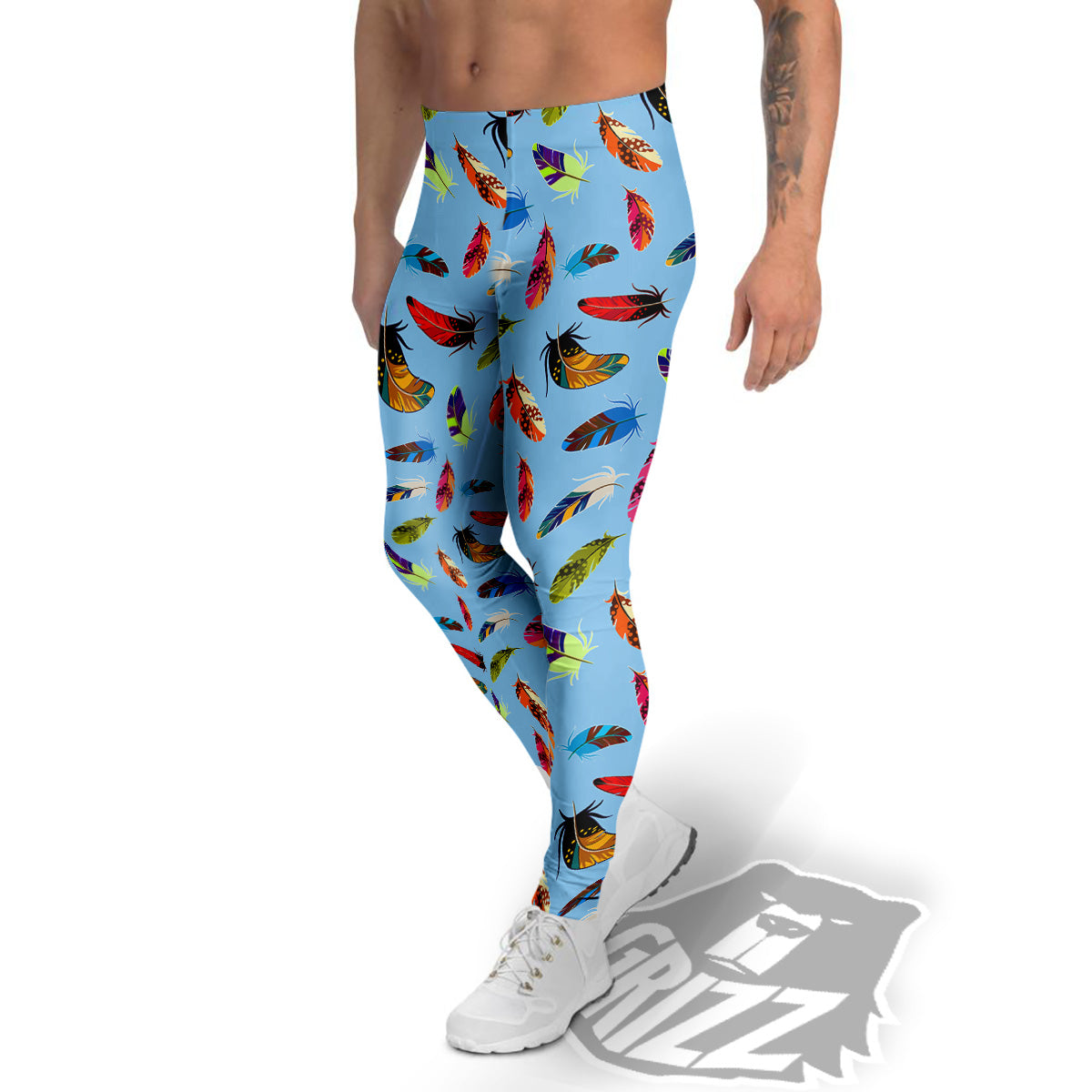 Colored Feathers Print Pattern Men's Leggings-grizzshop