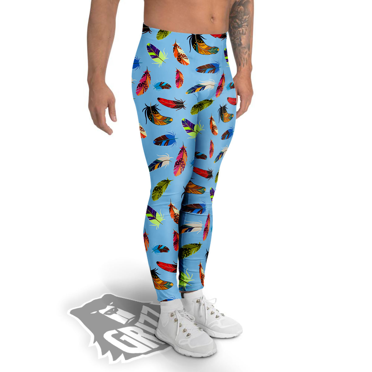 Colored Feathers Print Pattern Men's Leggings-grizzshop