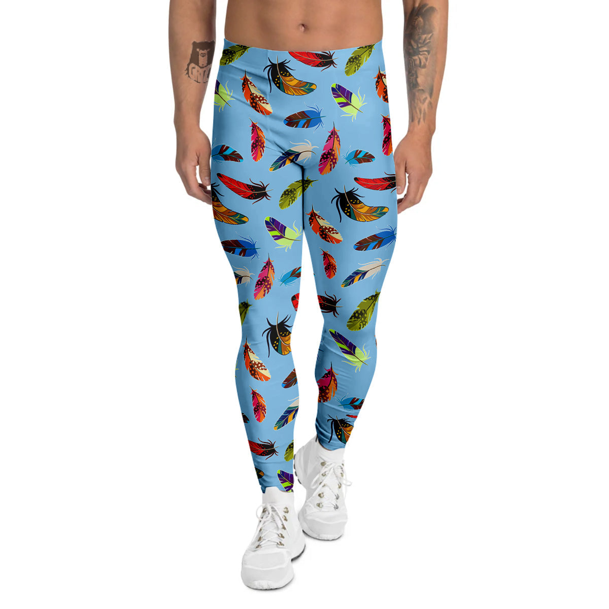 Colored Feathers Print Pattern Men's Leggings-grizzshop