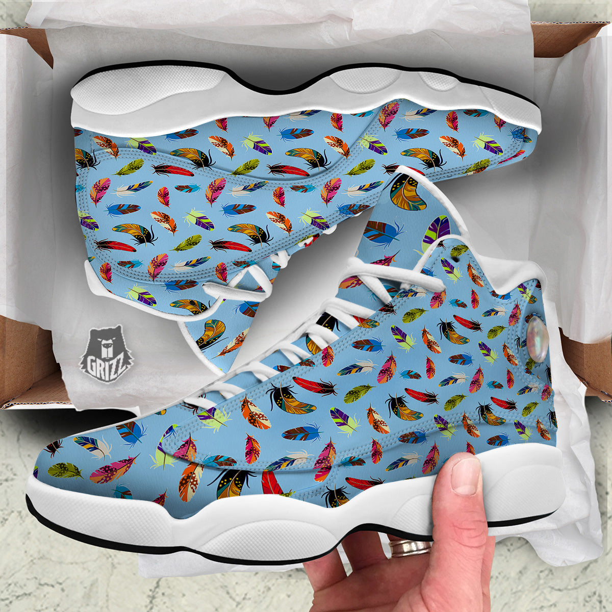 Colored Feathers Print Pattern White Basketball Shoes-grizzshop