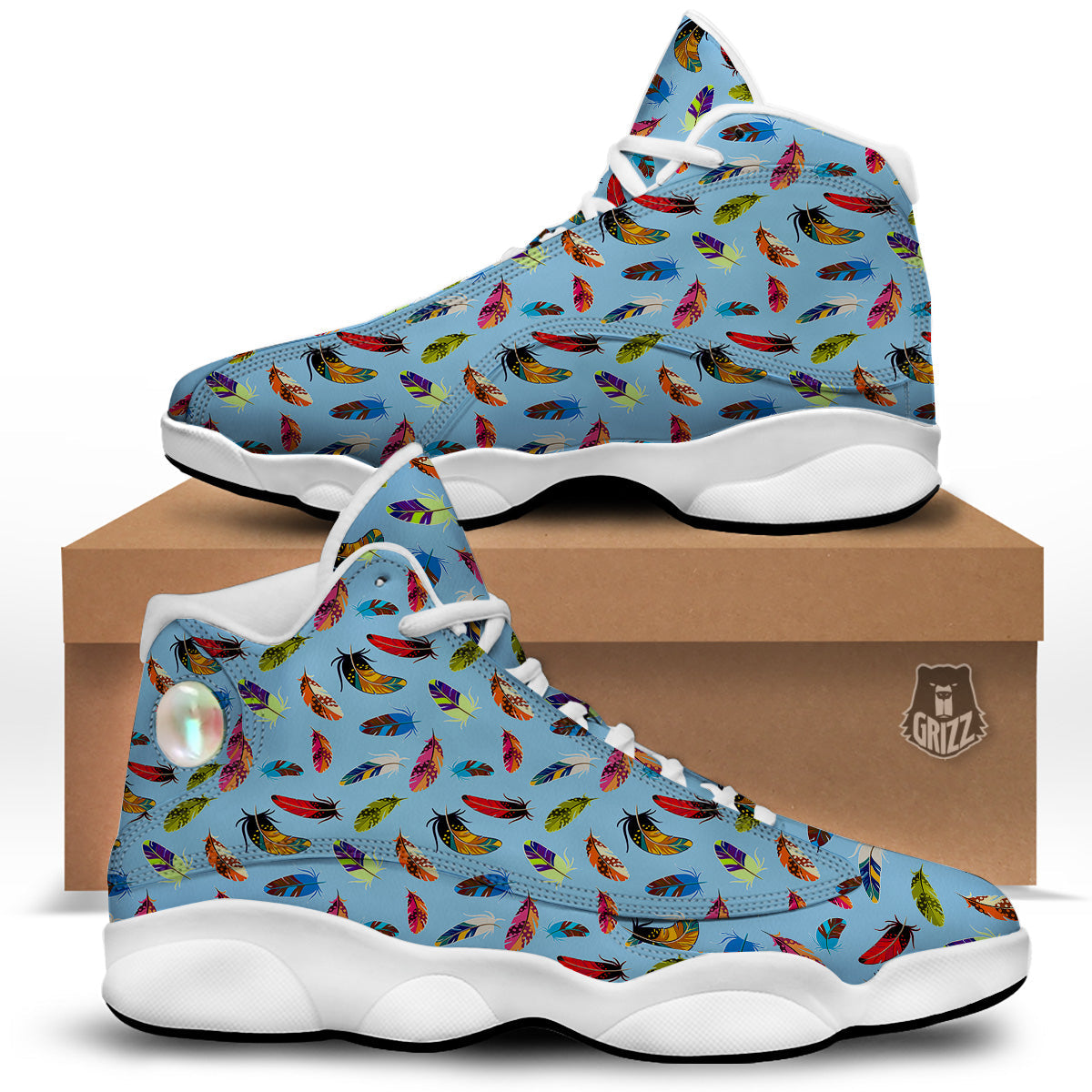 Colored Feathers Print Pattern White Basketball Shoes-grizzshop