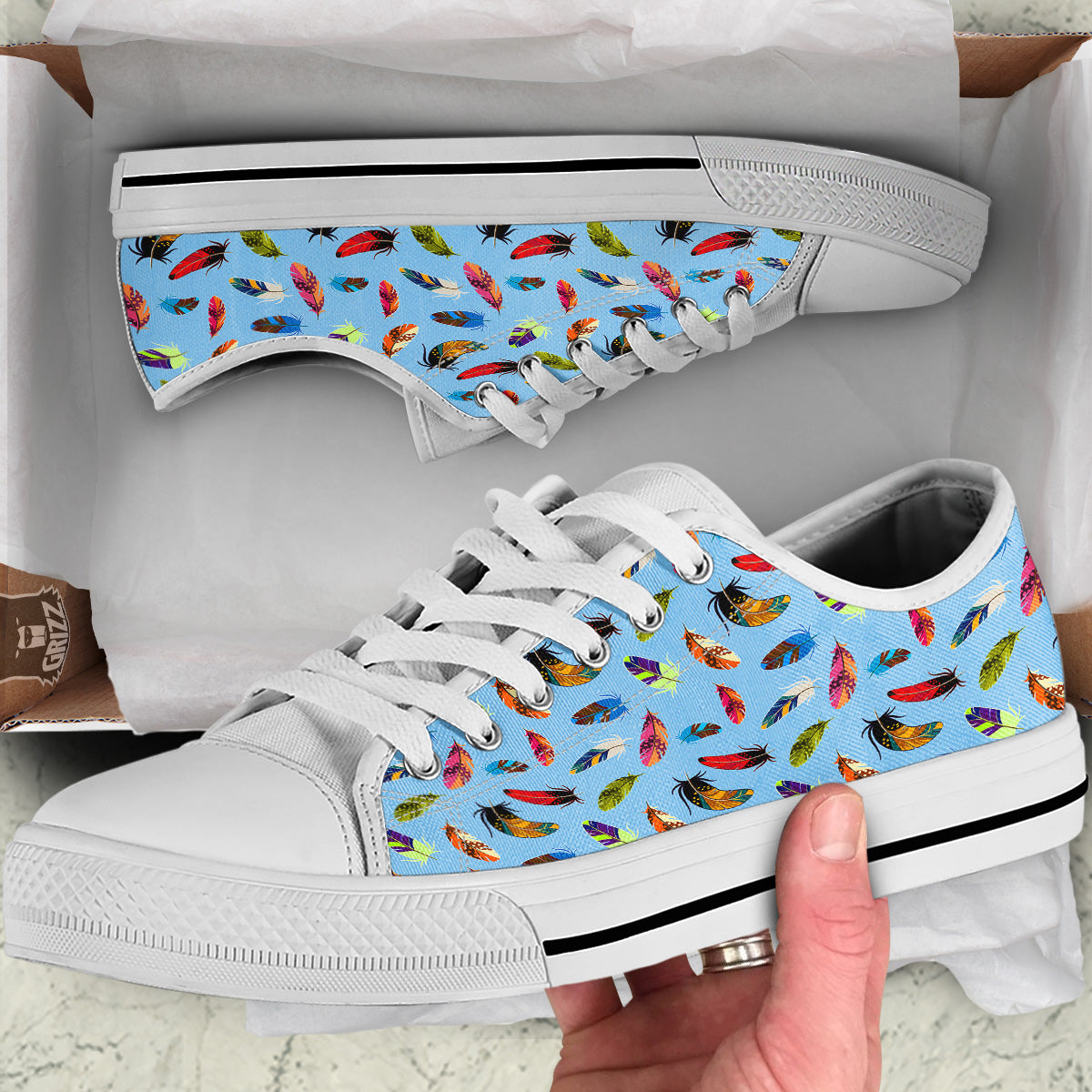 Colored Feathers Print Pattern White Low Top Shoes-grizzshop