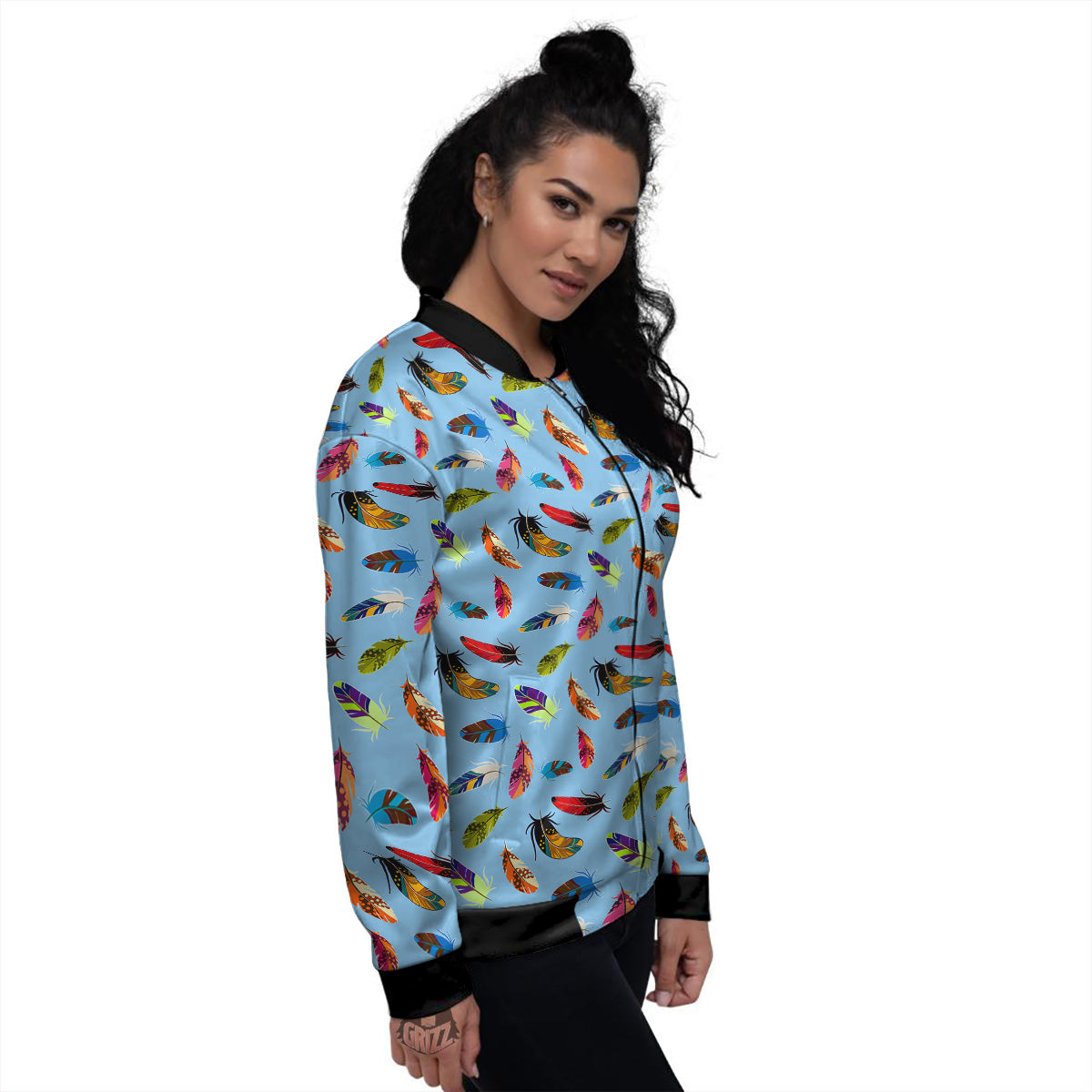 Colored Feathers Print Pattern Women's Bomber Jacket-grizzshop