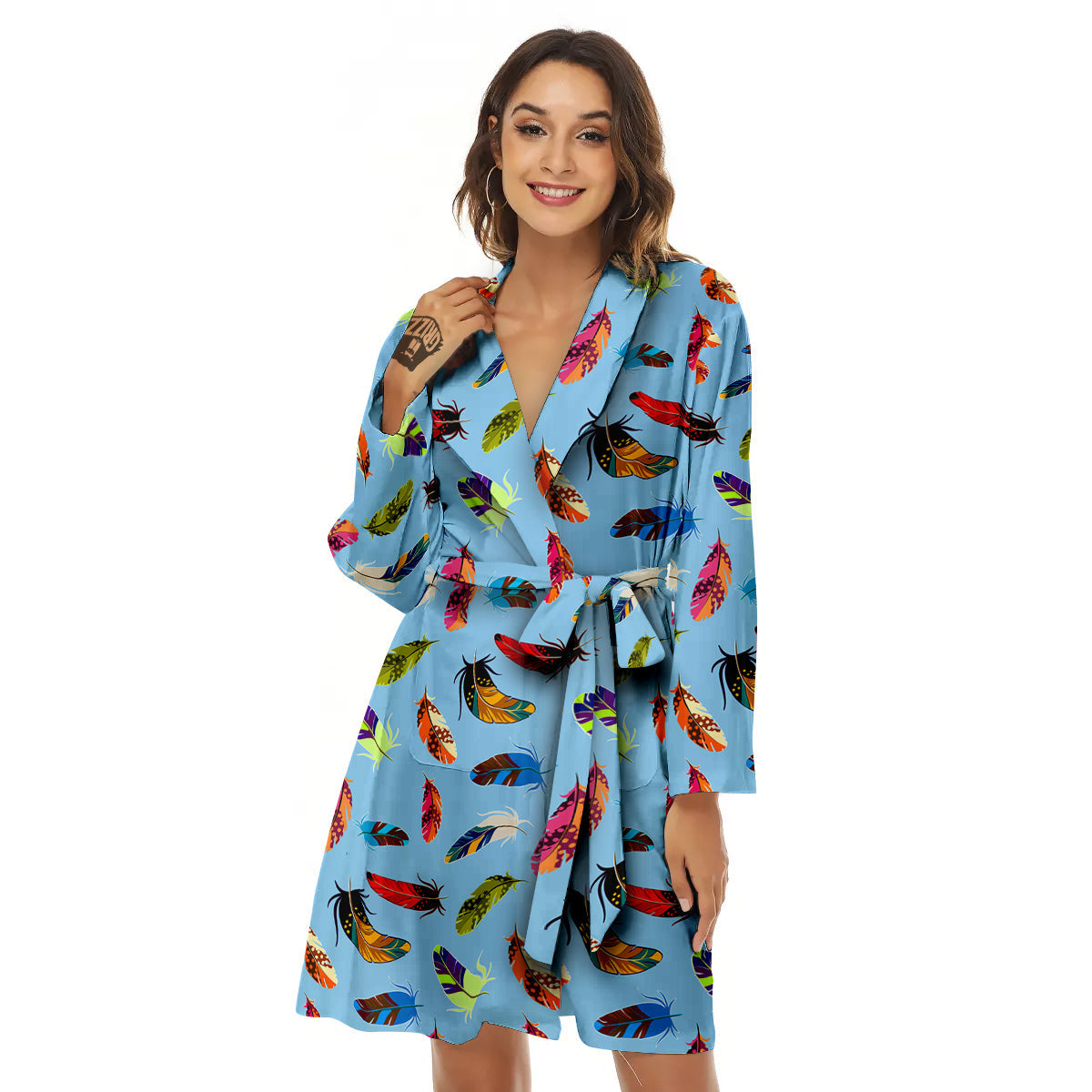 Colored Feathers Print Pattern Women's Robe-grizzshop