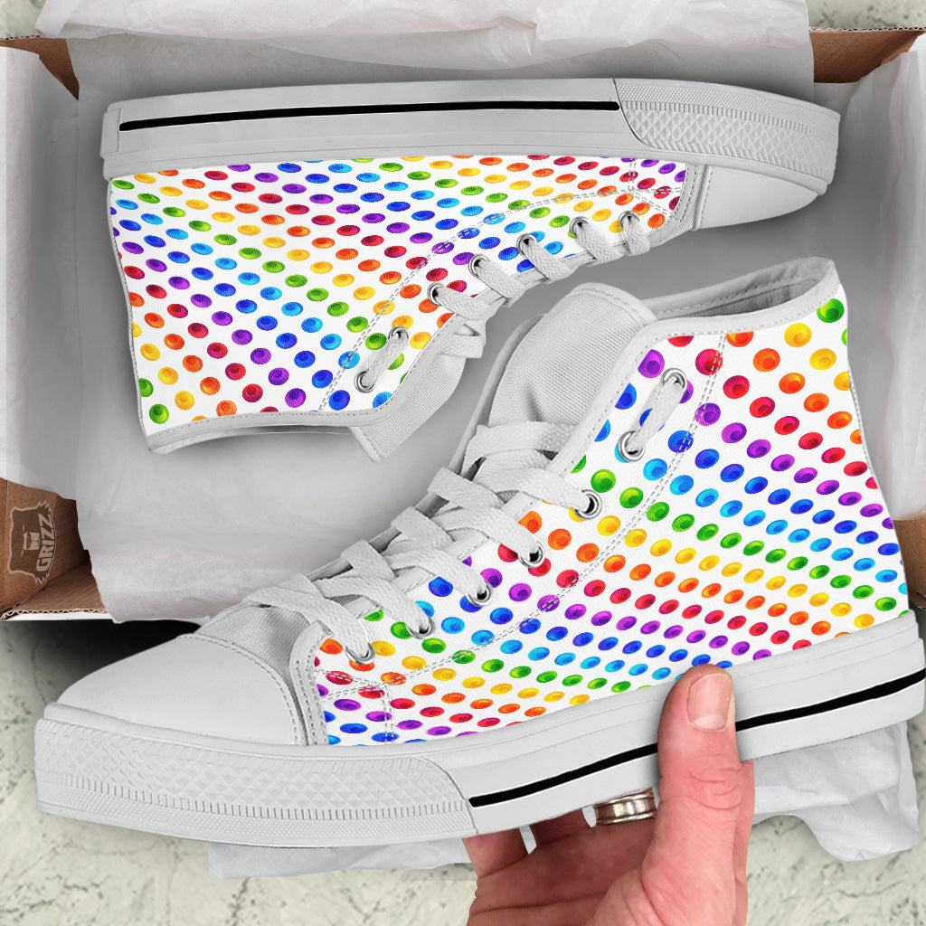 Colored Polka Dots Rainbow Print Pattern White High Top Shoes-grizzshop