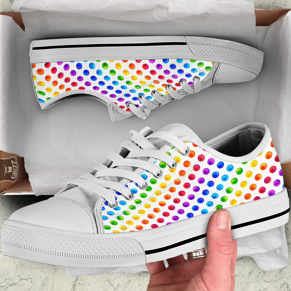 Colored Polka Dots Rainbow Print Pattern White Low Top Shoes-grizzshop