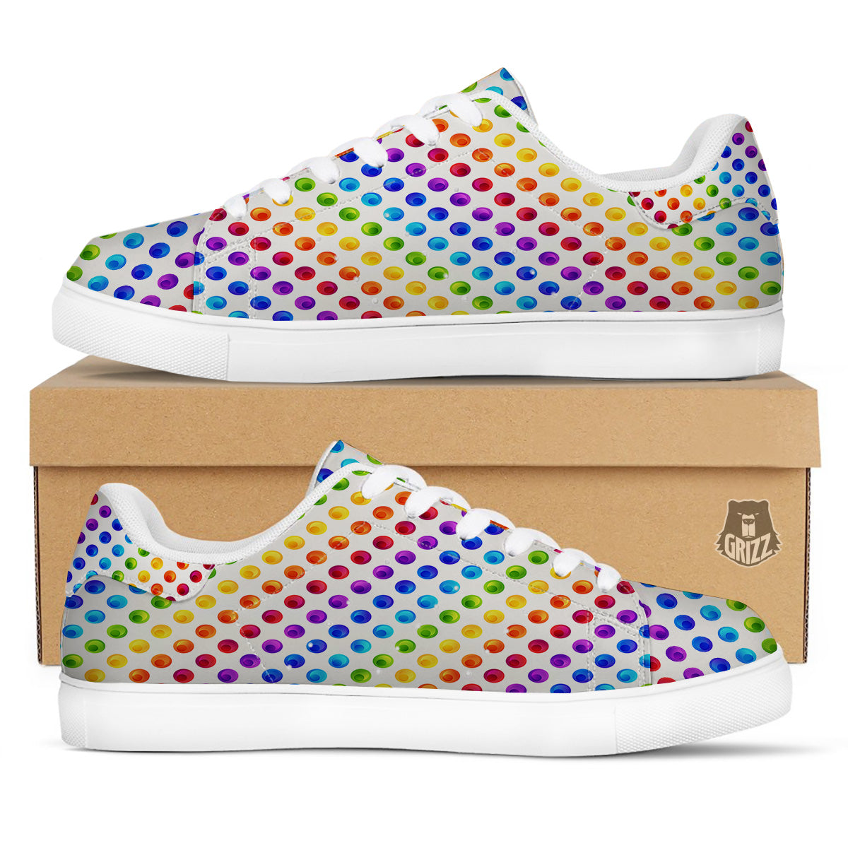 Colored Polka Dots Rainbow Print Pattern White Low Top Sneakers-grizzshop