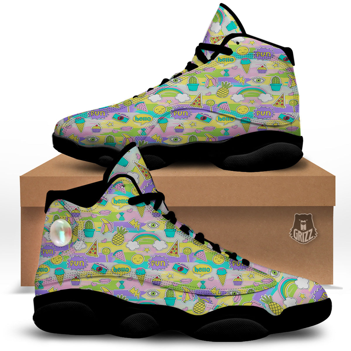 Colorful And Cute Stickers Print Pattern Black Basketball Shoes-grizzshop