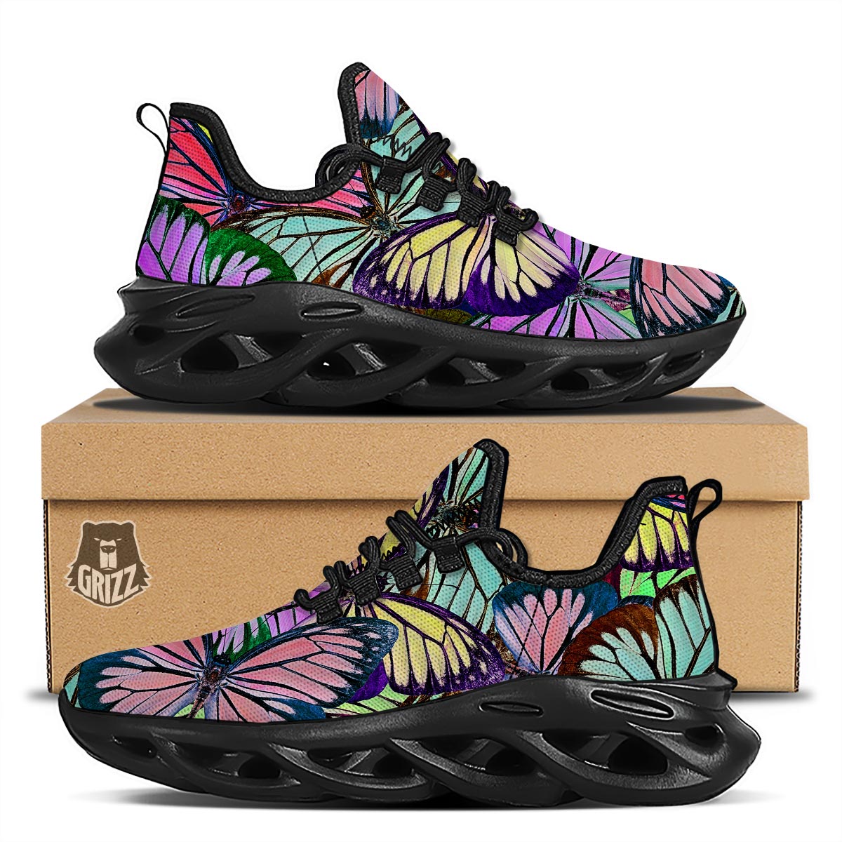 Colorful Butterfly Print Black Running Shoes-grizzshop