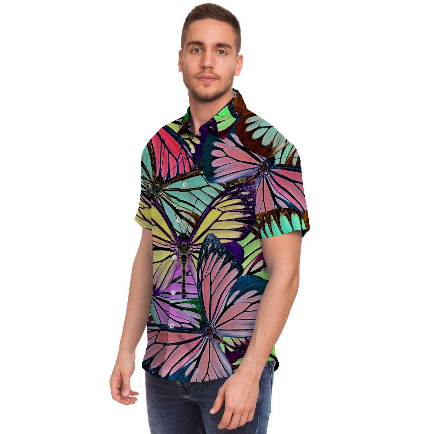 Colorful Butterfly Print Men's Short Sleeve Shirt-grizzshop